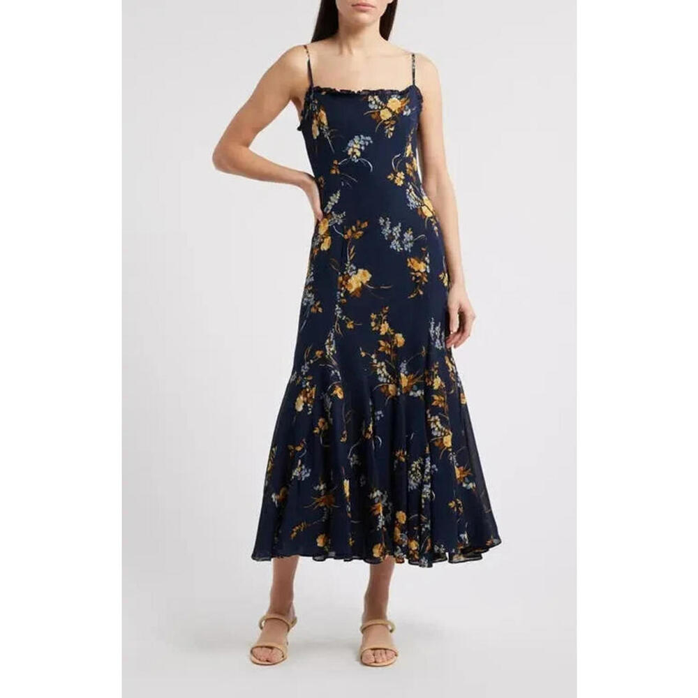Reformation Navy Floral Midi Dress with Yellow & Light Blue Blooms
